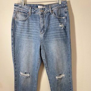 JustFab Jeans Womens Size 32 High Waisted Light Wash Tapered Leg Distressed